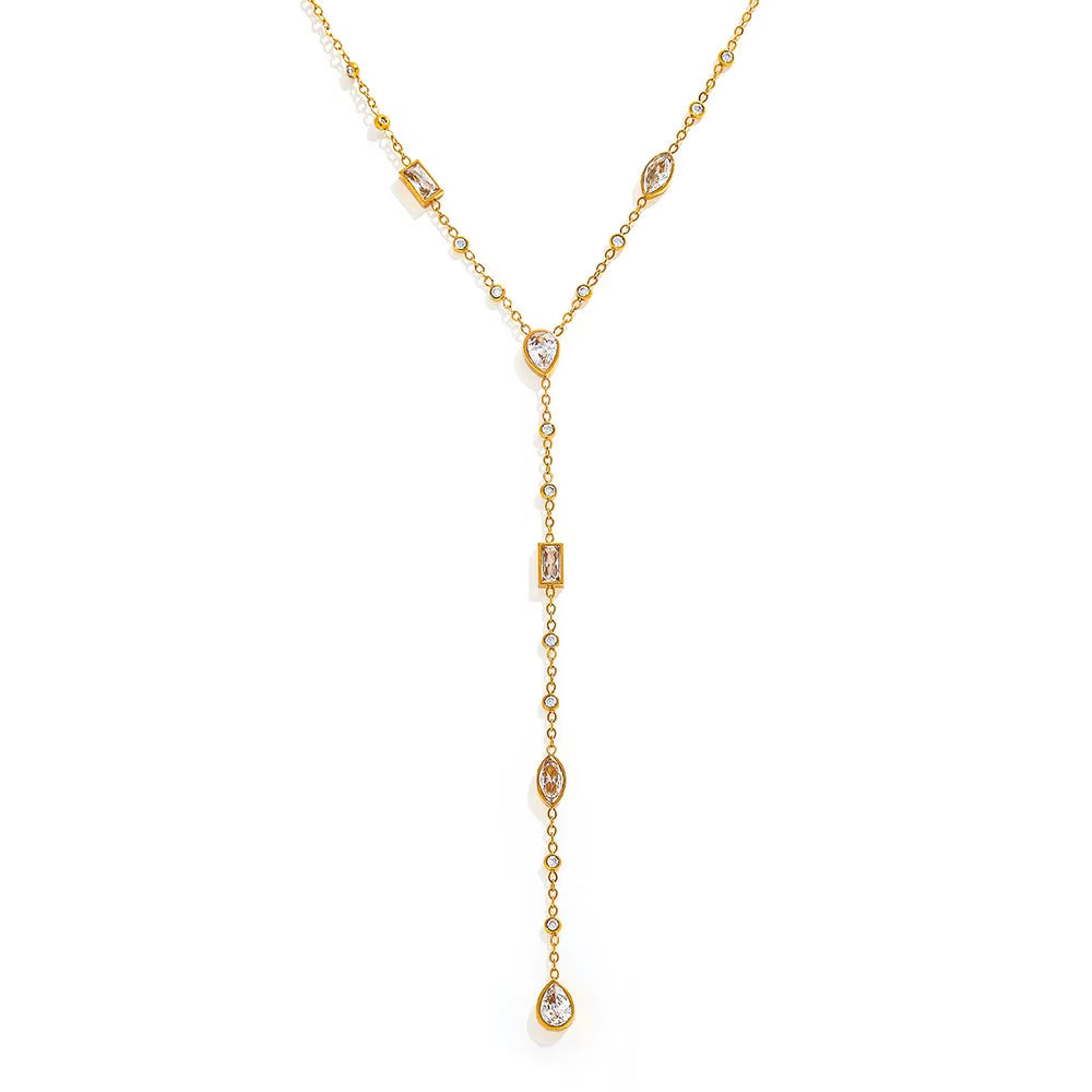 Joolim Jewelry PVD Plated Waterproof Fashion Mixed Shape Cubic Zirconia Pendant Y Drop Necklace Stainless Steel Jewelry