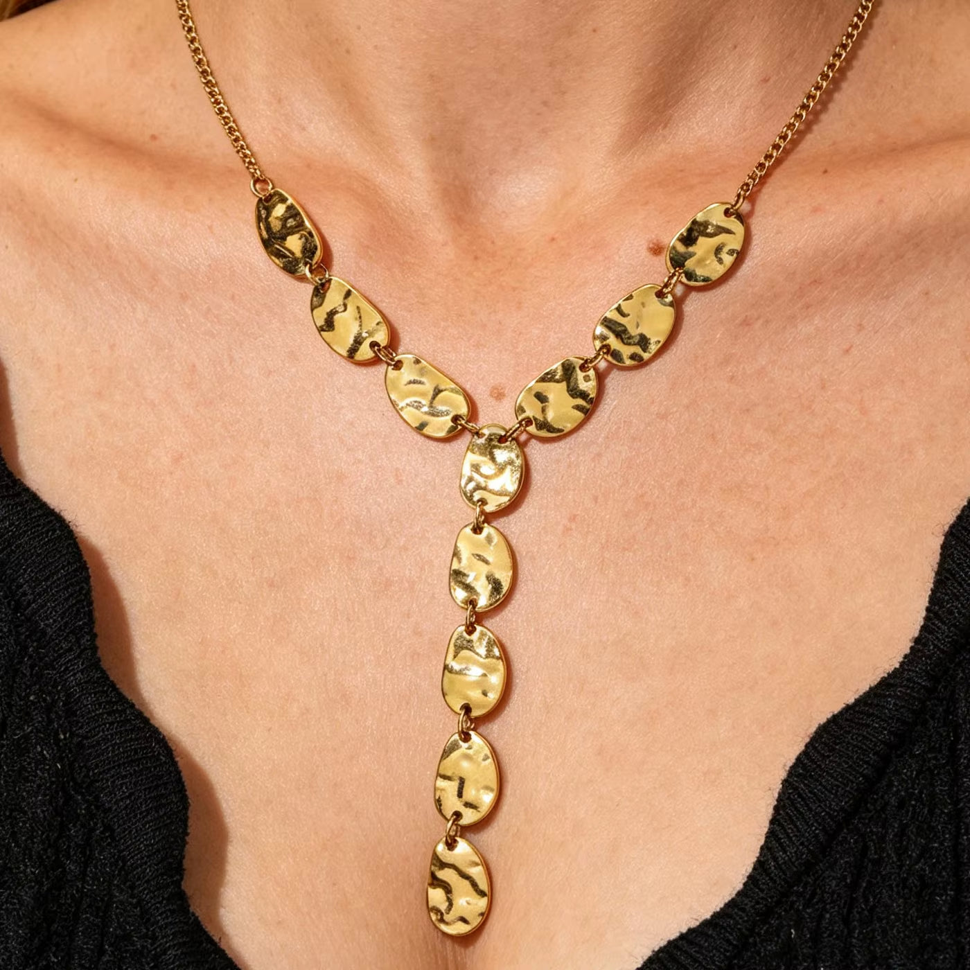 Joolim Jewelry PVD Plated Waterproof Fashion Hammered Metal Organic Shape Y Drop Pendant Necklace Stainless Steel Jewelry