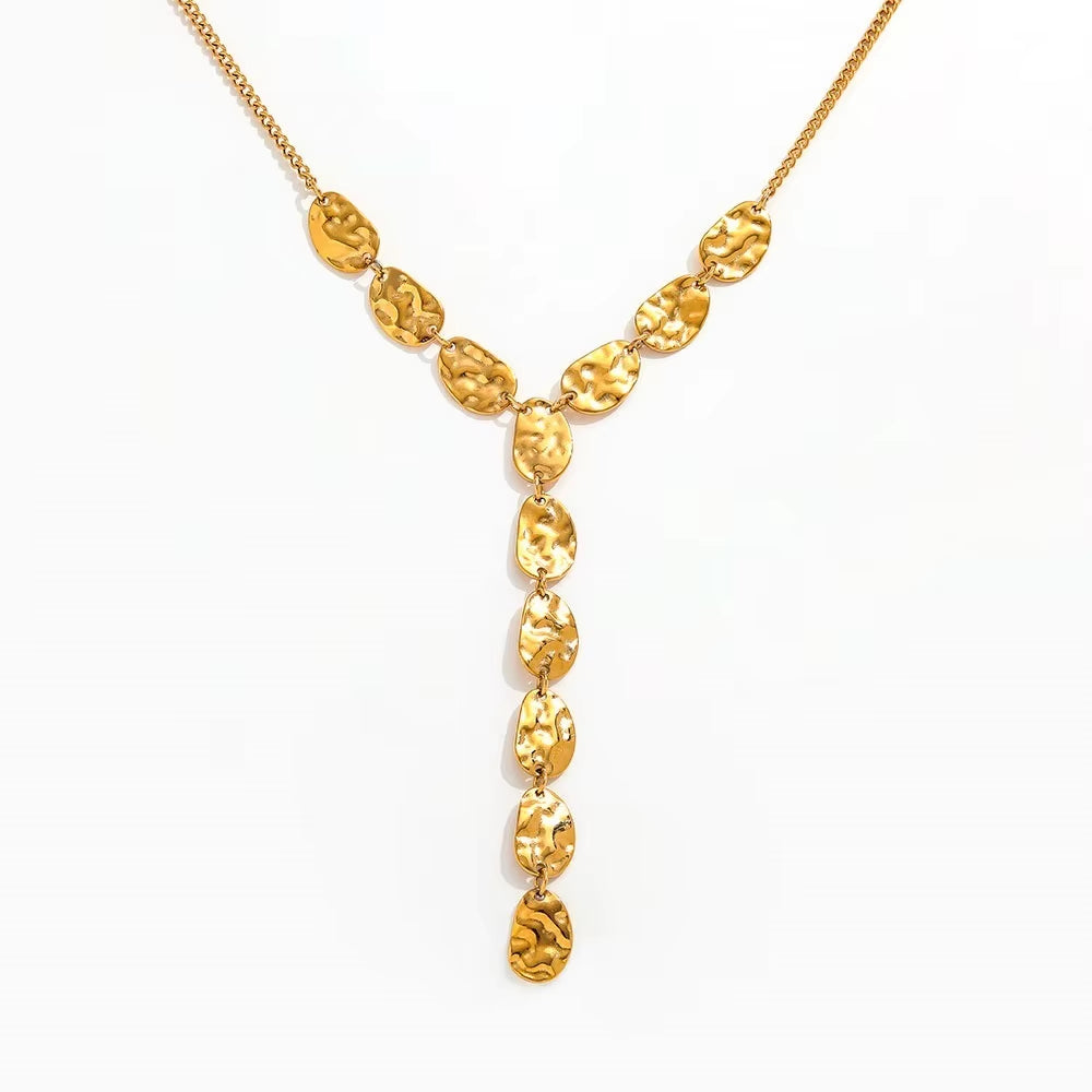 Joolim Jewelry PVD Plated Waterproof Fashion Hammered Metal Organic Shape Y Drop Pendant Necklace Stainless Steel Jewelry