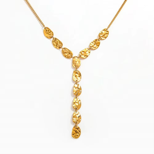 Joolim Jewelry PVD Plated Waterproof Fashion Hammered Metal Organic Shape Y Drop Pendant Necklace Stainless Steel Jewelry