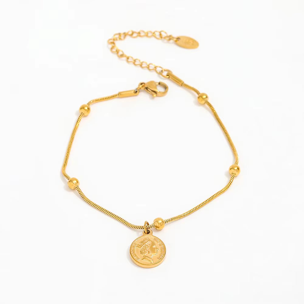 18K Gold Plated Figure Coin Charm Pendant Snake Chain Bracelet Stainless Steel Stylish Fashion Jewelry Wholesale