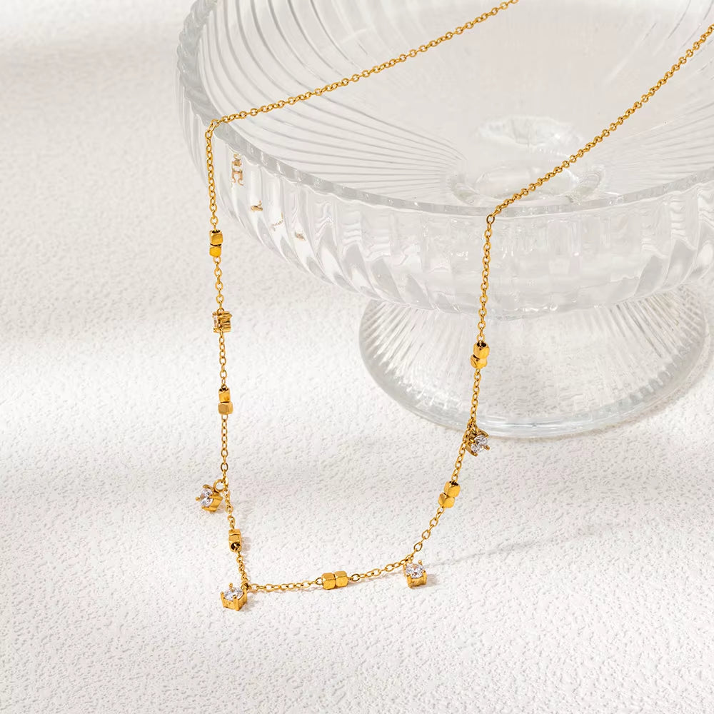 Joolim Jewelry 18K Gold Plated Waterproof Dainty Fashion Small Square Zirconia Claw Pendant Necklace Stainless Steel Jewelry