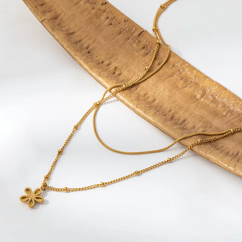 Joolim Jewelry 18K Gold Plated Fashion Double-Layer Beaded Chain Flower Zirconia Pendant Necklace Stainless Steel Jewelry