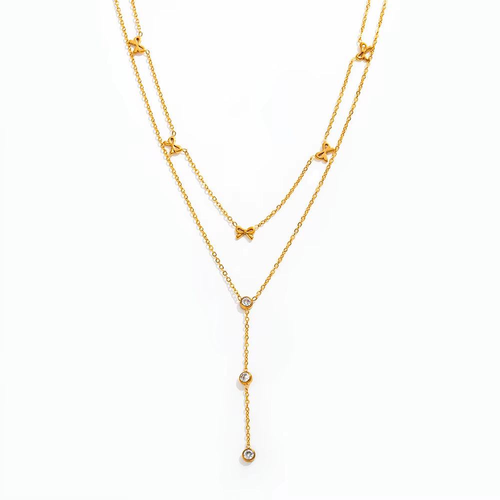 Joolim Jewelry 18K Gold Plated Waterproof Sweety Fashion Double-Layer Bow Zirconia Y-Shaped Necklace Stainless Steel Jewelry