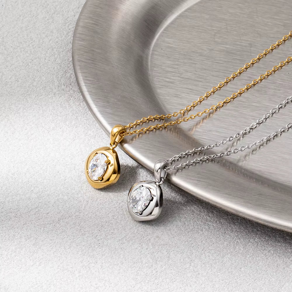 Joolim Jewelry 18K Gold Plated Waterproof Fashion Designer Dainty Oval Zirconia Pendant Necklace Stainless Steel Jewelry