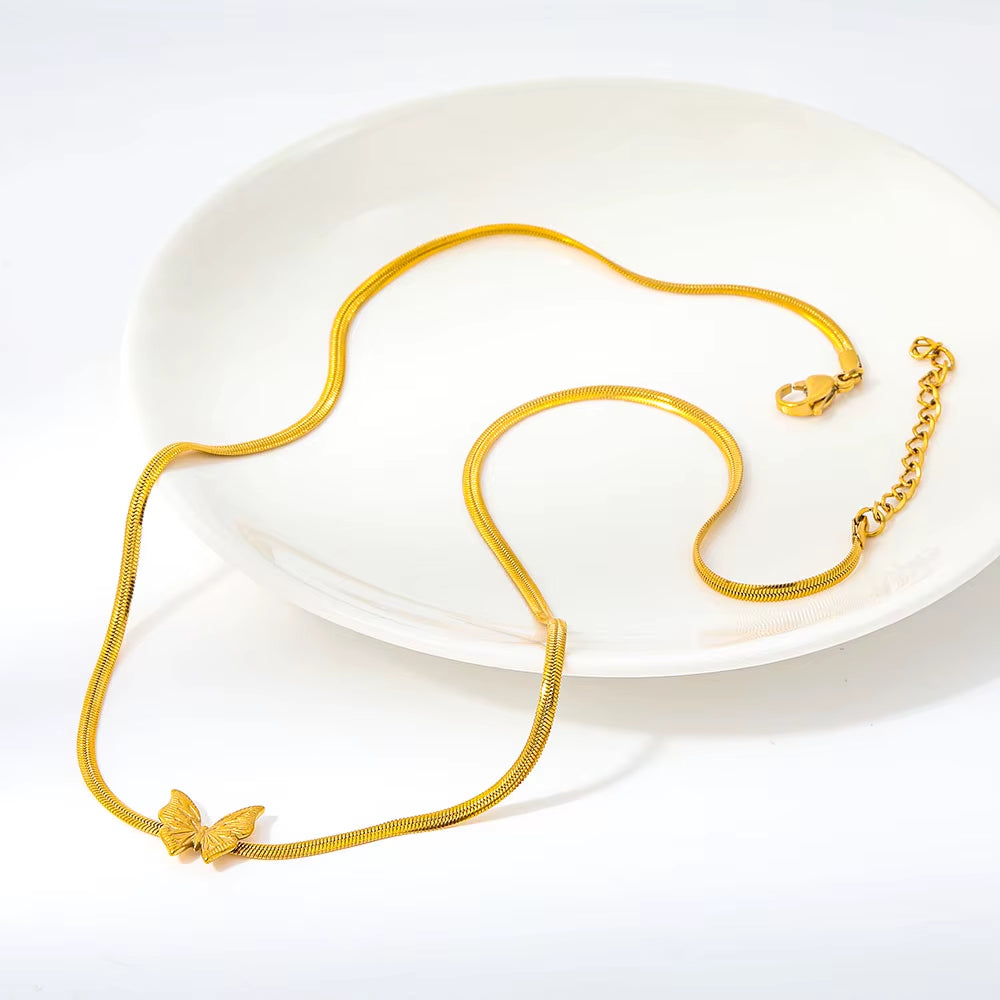 Joolim Jewelry 18K Gold Plated Waterproof Fashion Elegant Butterfly Pendant Snake Chain Necklace Stainless Steel Jewelry