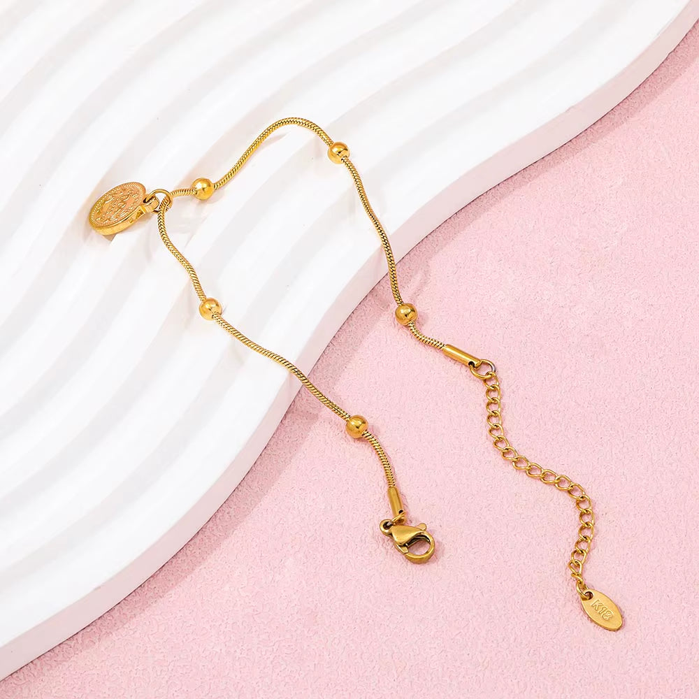 18K Gold Plated Figure Coin Charm Pendant Snake Chain Bracelet Stainless Steel Stylish Fashion Jewelry Wholesale