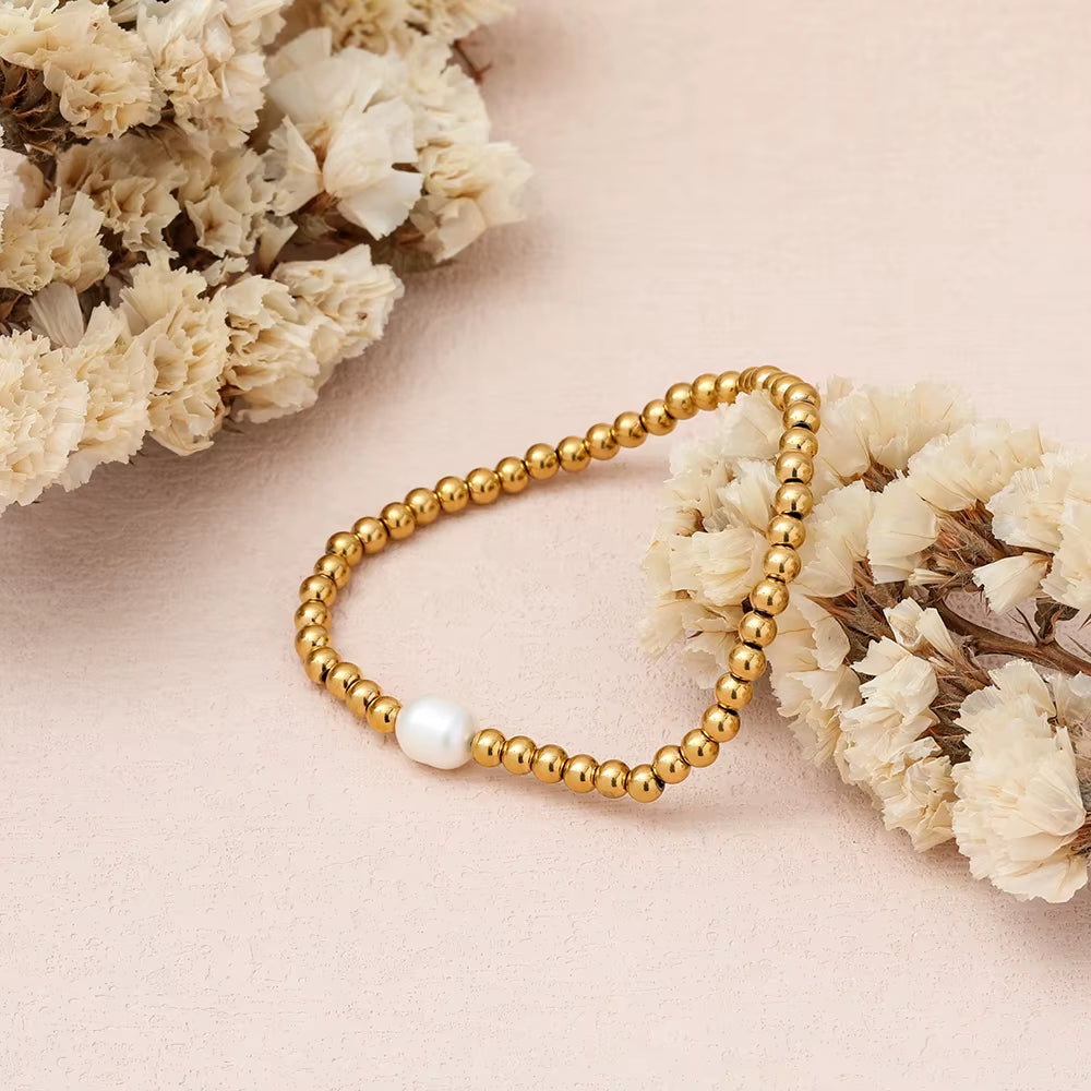 18K PVD Stainless Steel Gold Pearl Bead Bracelet Elastic Stainless Steel Gold Bracelet for Women