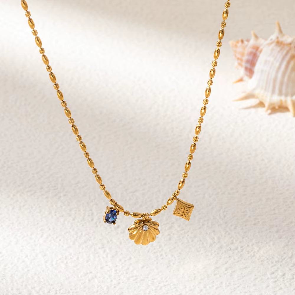 Joolim Jewelry 18K Gold Plated Waterproof Fashion Shell Pearl Blue Zirconia Rhombus Pendant Necklace Stainless Steel Jewelry