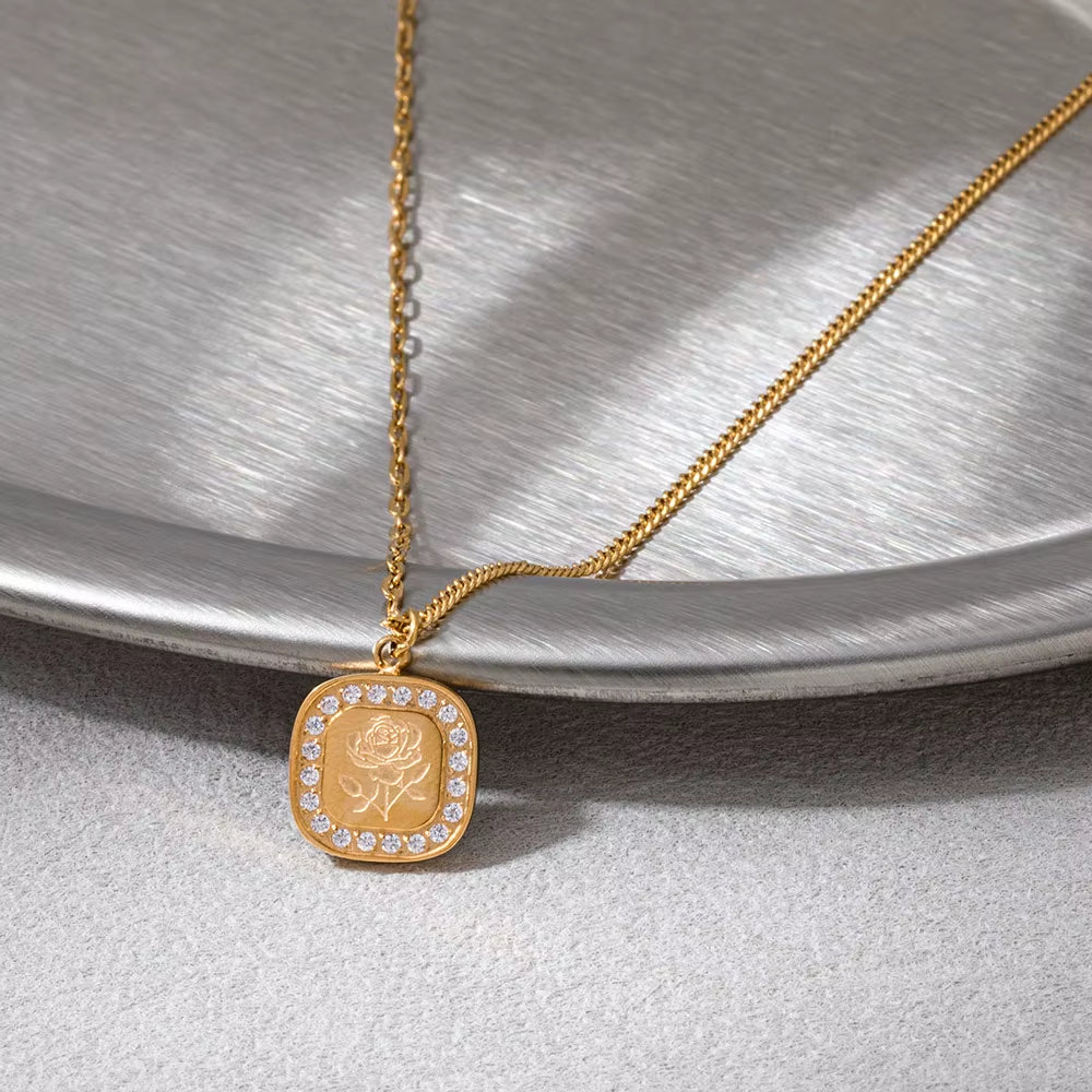 Joolim Jewelry 18K Gold Plated Waterproof Fashion Hand-Painted Rose Zirconia Square Pendant Necklace Stainless Steel Jewelry