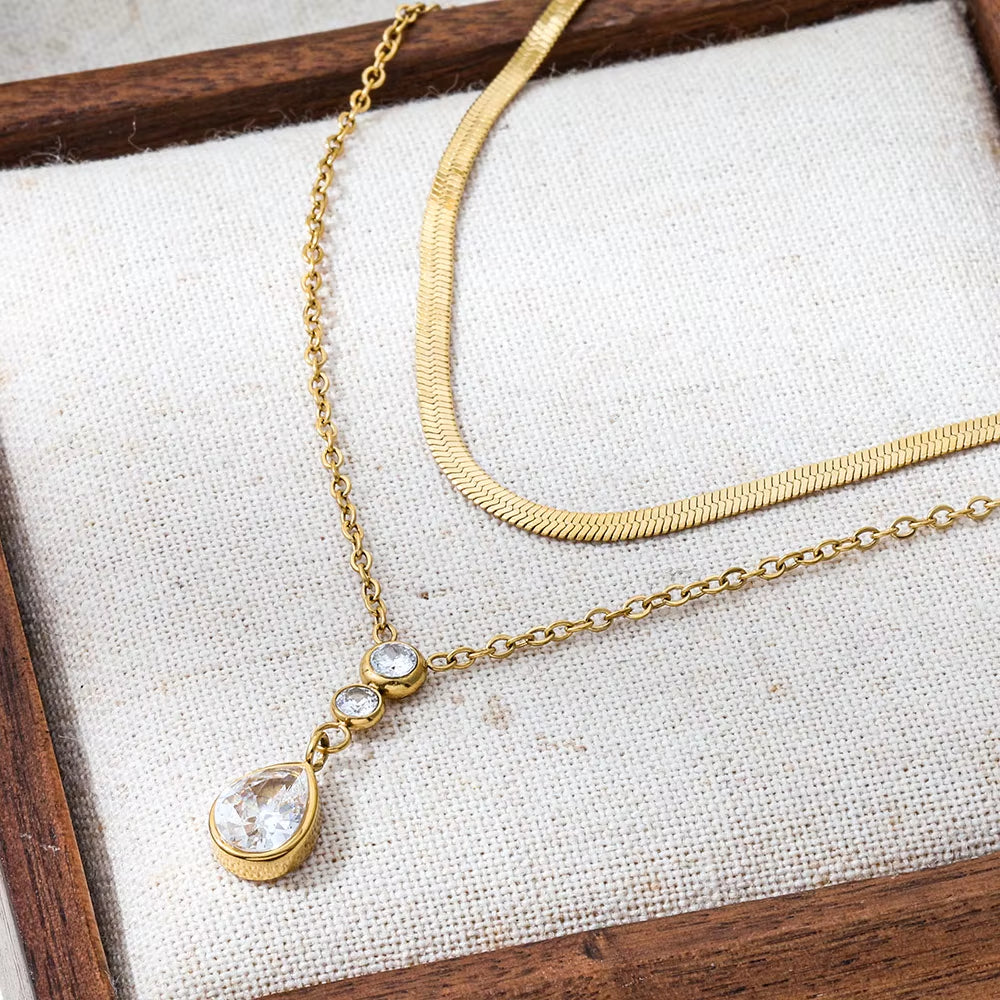 Joolim Jewelry 18K Gold Plated Waterproof Double Layer Teardrop Zirconia Pendant Snake Chain Necklace Stainless Steel Jewelry