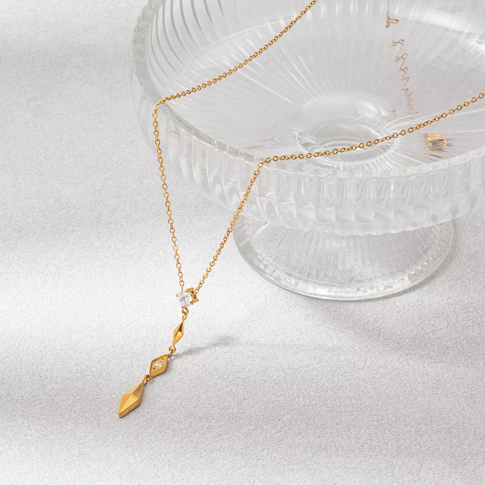 Joolim Jewelry 18K Gold Plated Waterproof Fashion Elegant Rhombus Zirconia Pendant Y-Shaped Necklace Stainless Steel Jewelry