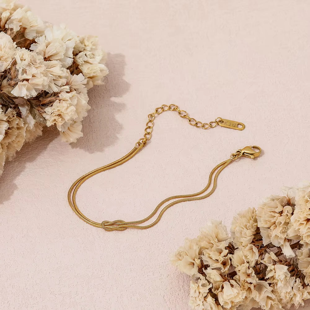 High End Gold Plated Stainless Steel Double-Layer Snake Chain Knot Bracelet for Women Wholesale Jewelry