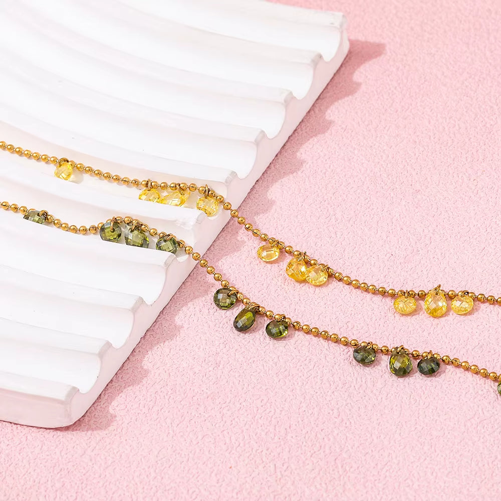 High End 18K PVD Gold Plated Water Drop Yellow Olive Green Zircon Luxury Tassel Stainless Steel Bracelet for Jewelry Women