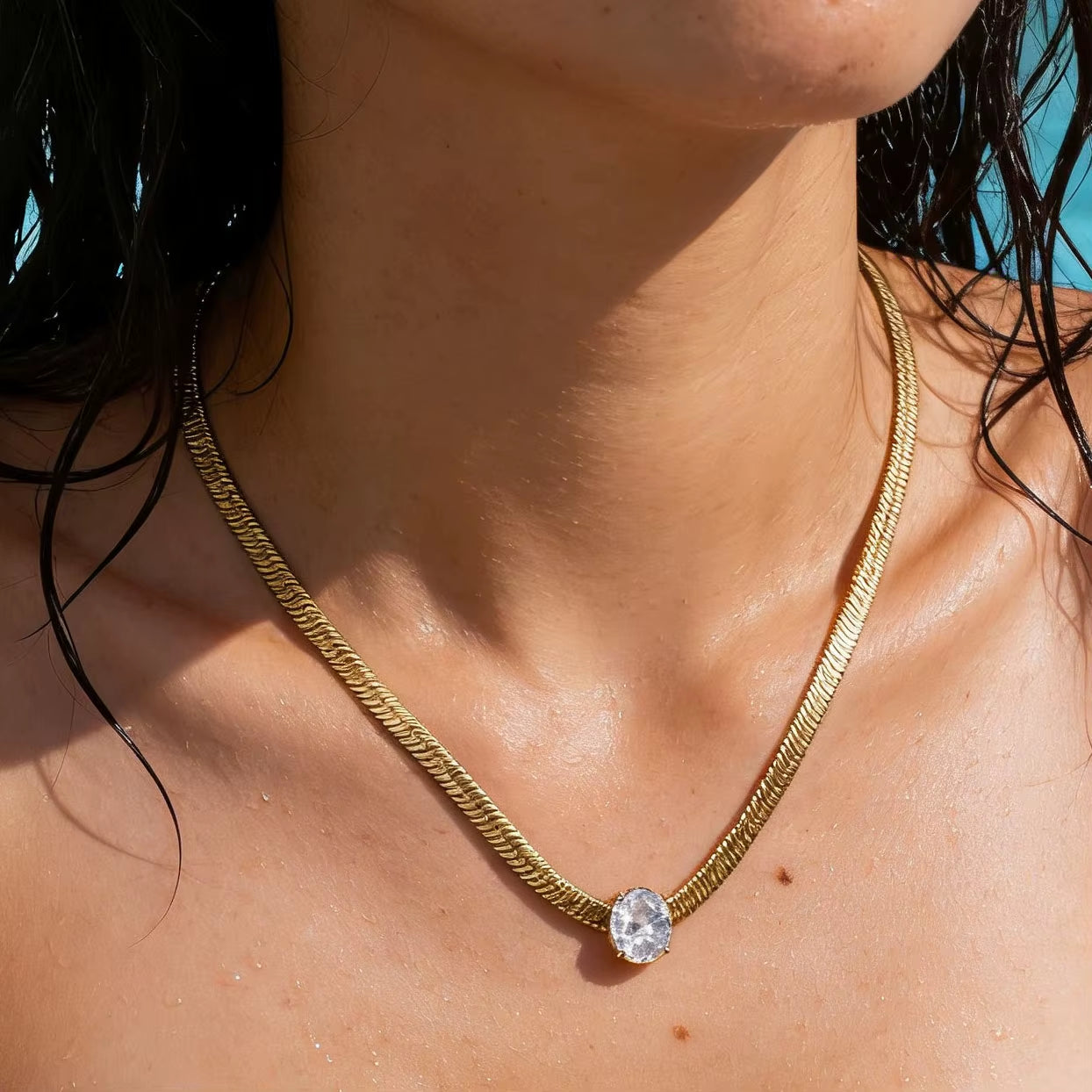 Joolim Jewelry 18K Gold Plated Waterproof Fashion Oval Zirconia Pendant Snake Bone Chain Necklace Stainless Steel Jewelry