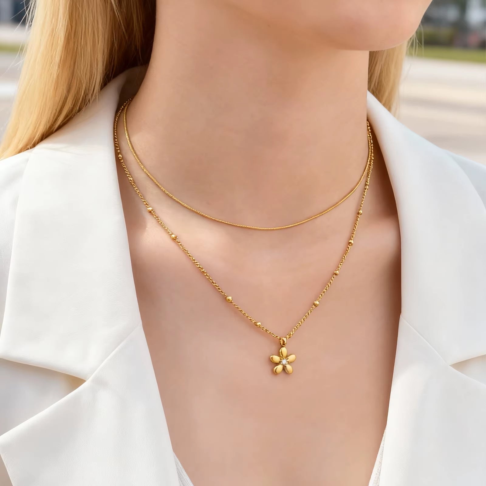 Joolim Jewelry 18K Gold Plated Fashion Double-Layer Beaded Chain Flower Zirconia Pendant Necklace Stainless Steel Jewelry