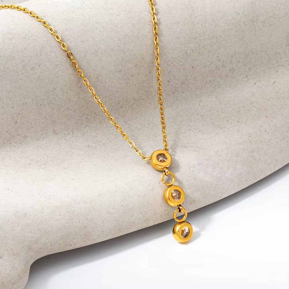 Joolim Jewelry 18K Gold Plated Waterproof Fashion Simple Versatile Three Zirconia Pendant Necklace Stainless Steel Jewelry