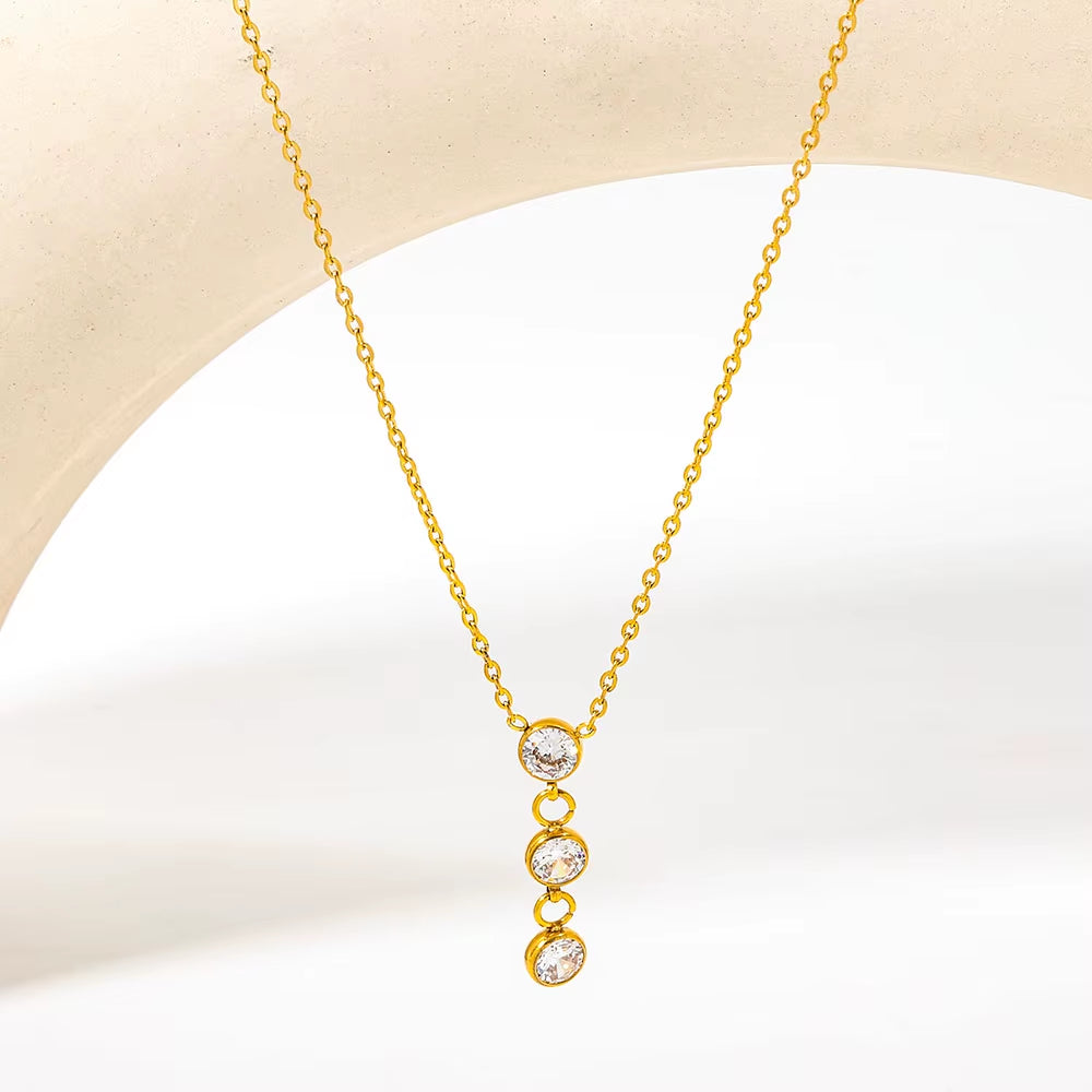 Joolim Jewelry 18K Gold Plated Waterproof Fashion Simple Versatile Three Zirconia Pendant Necklace Stainless Steel Jewelry