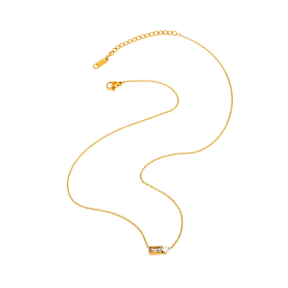 Joolim Jewelry 18K Gold Plated Waterproof Fashion Versatile Rectangle&Round Zirconia Pendant Necklace Stainless Steel Jewelry
