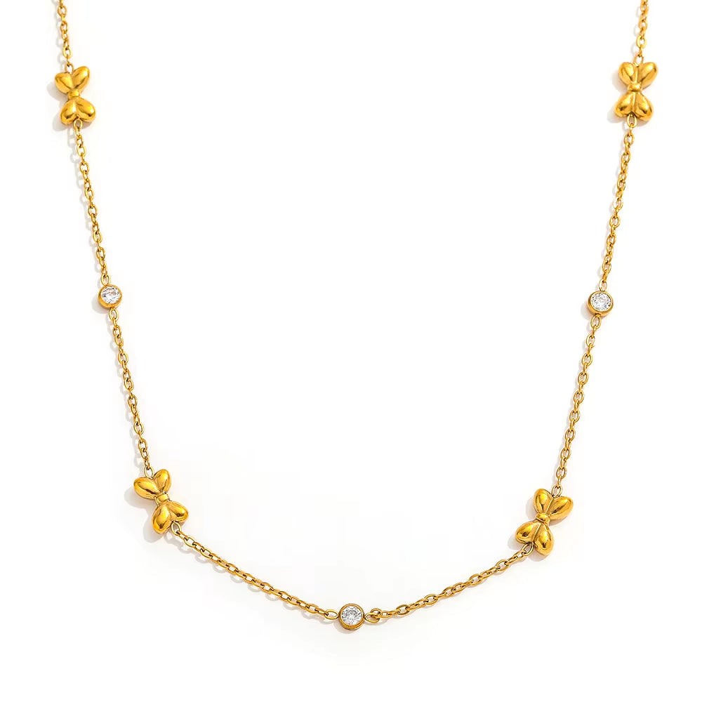 Joolim Jewelry 18K Gold Plated Waterproof Trendy Fashion Sweety Bow round Zirconia Pave Pendant Necklace Stainless Steel Jewelry