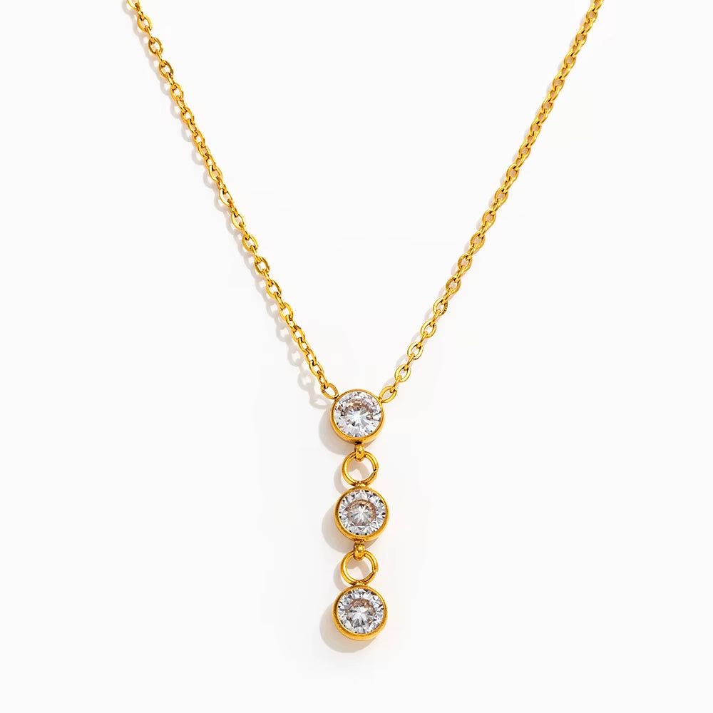 Joolim Jewelry 18K Gold Plated Waterproof Fashion Simple Versatile Three Zirconia Pendant Necklace Stainless Steel Jewelry