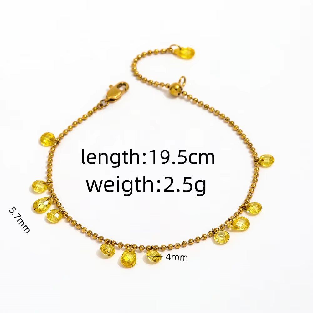 High End 18K PVD Gold Plated Water Drop Yellow Olive Green Zircon Luxury Tassel Stainless Steel Bracelet for Jewelry Women