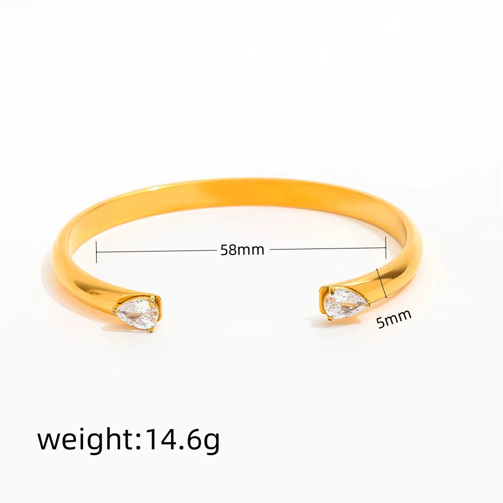 High End 18K Gold Plated Double Waterdrop Zircon Cuff Bangle Bracelet Stainless Steel Gold Jewelry