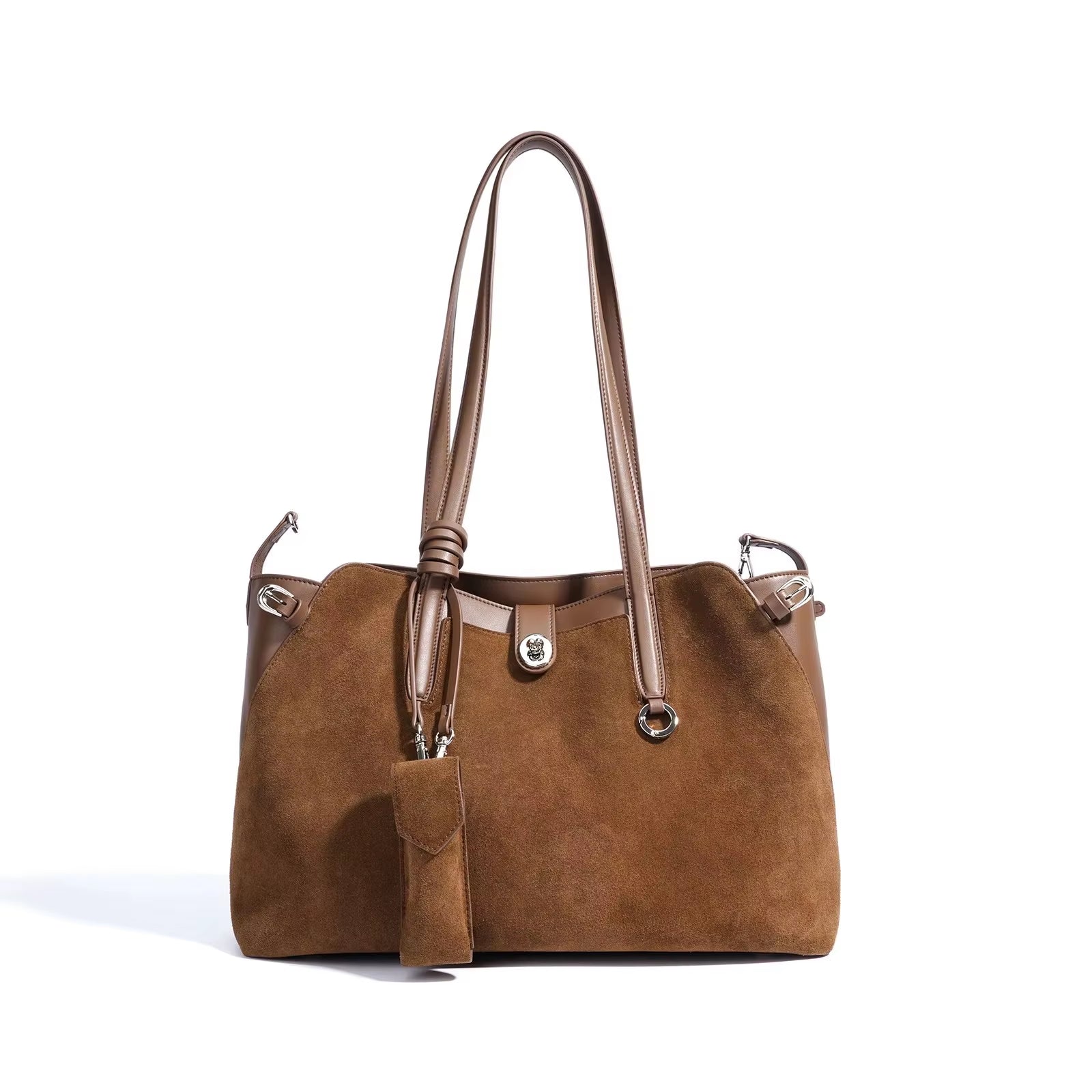 Women Vintage Suede Leather Extra Large Capacity Brown Tote Bag Tassel Accent Multiway Shoulder Crossbody Handbag