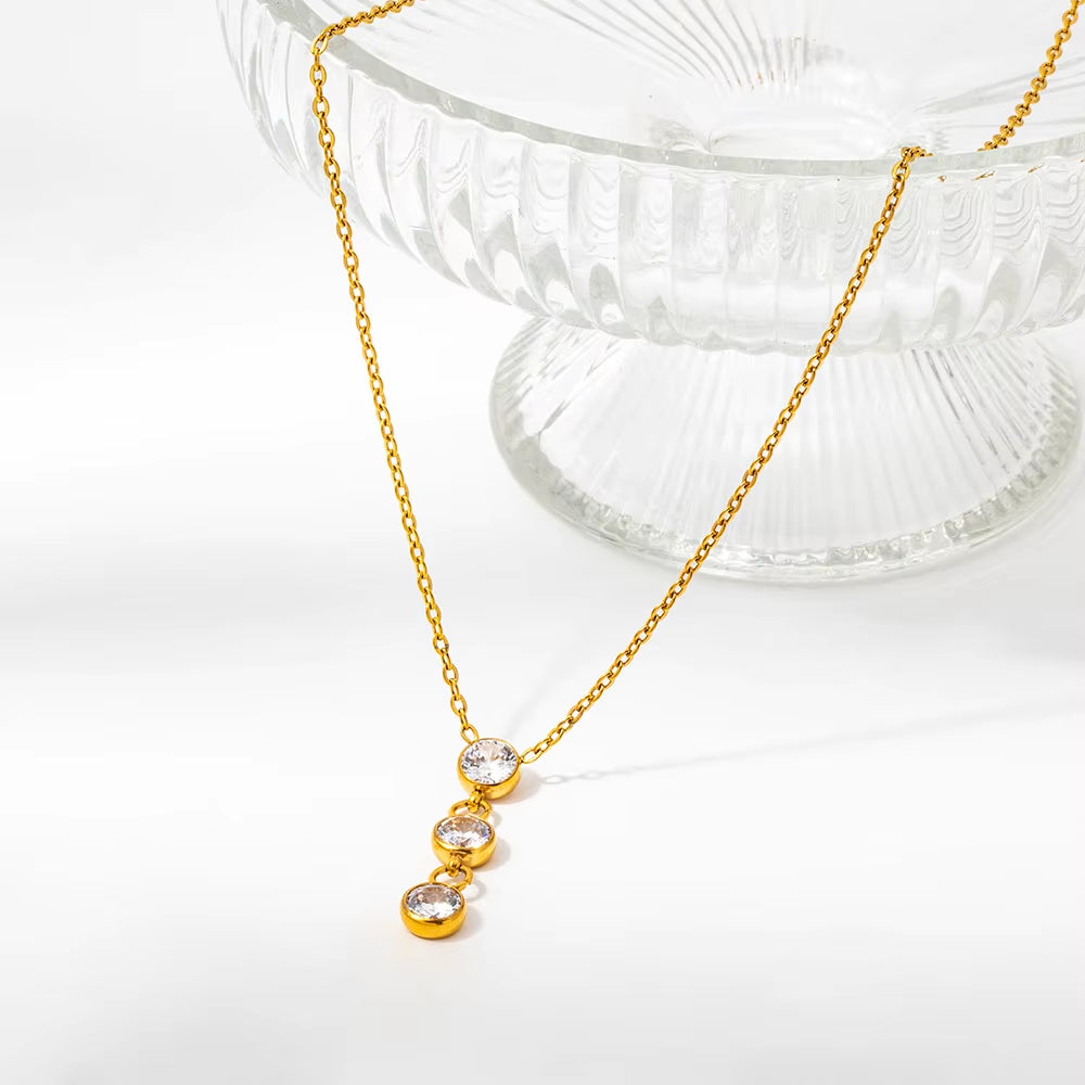 Joolim Jewelry 18K Gold Plated Waterproof Fashion Simple Versatile Three Zirconia Pendant Necklace Stainless Steel Jewelry