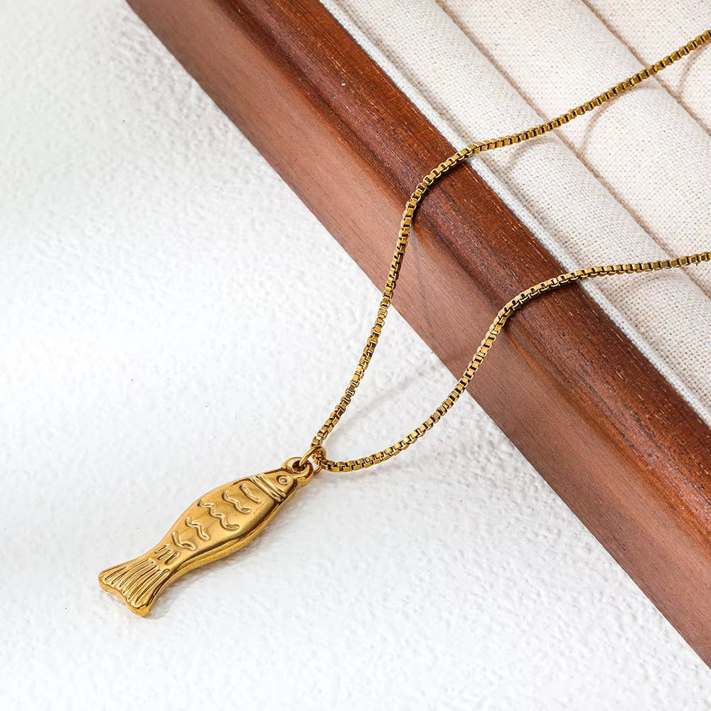 Joolim Jewelry PVD Plated Waterproof Fashion Minimalist Vintage Ocean Lucky Symbol Fish Pendant Necklace Stainless Steel Jewelry