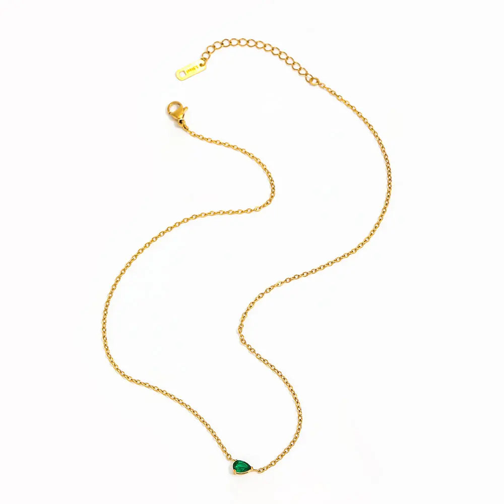 Joolim Jewelry PVD Plated Waterproof Fashion Pear Cut Green Zirconia Pendant Fine Cable Chain Necklace Stainless Steel Jewelry