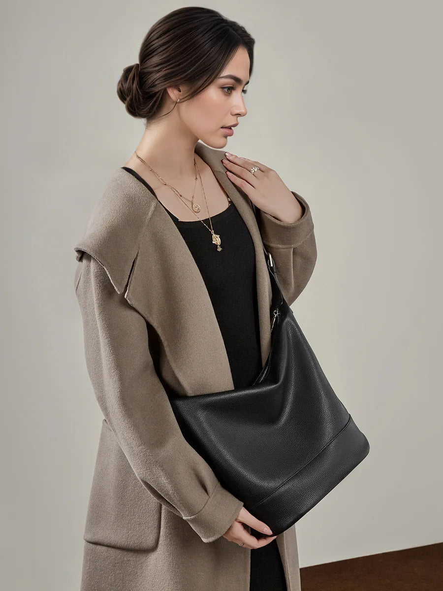 Top Layer Genuine Leather Large Capacity Bucket Bag, Niche Soft Crossbody Shoulder Bag for Women Daily Use