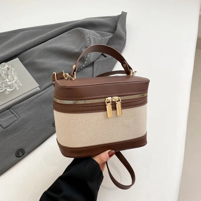 New Style High-Value PU Cylinder Bucket Bag Patchwork Contrast Color Crossbody Shoulder Bag Women'S Instagram Single Polyester