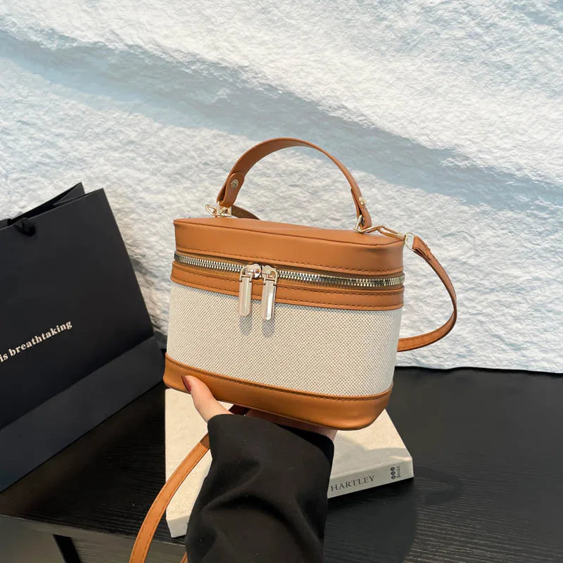 New Style High-Value PU Cylinder Bucket Bag Patchwork Contrast Color Crossbody Shoulder Bag Women'S Instagram Single Polyester