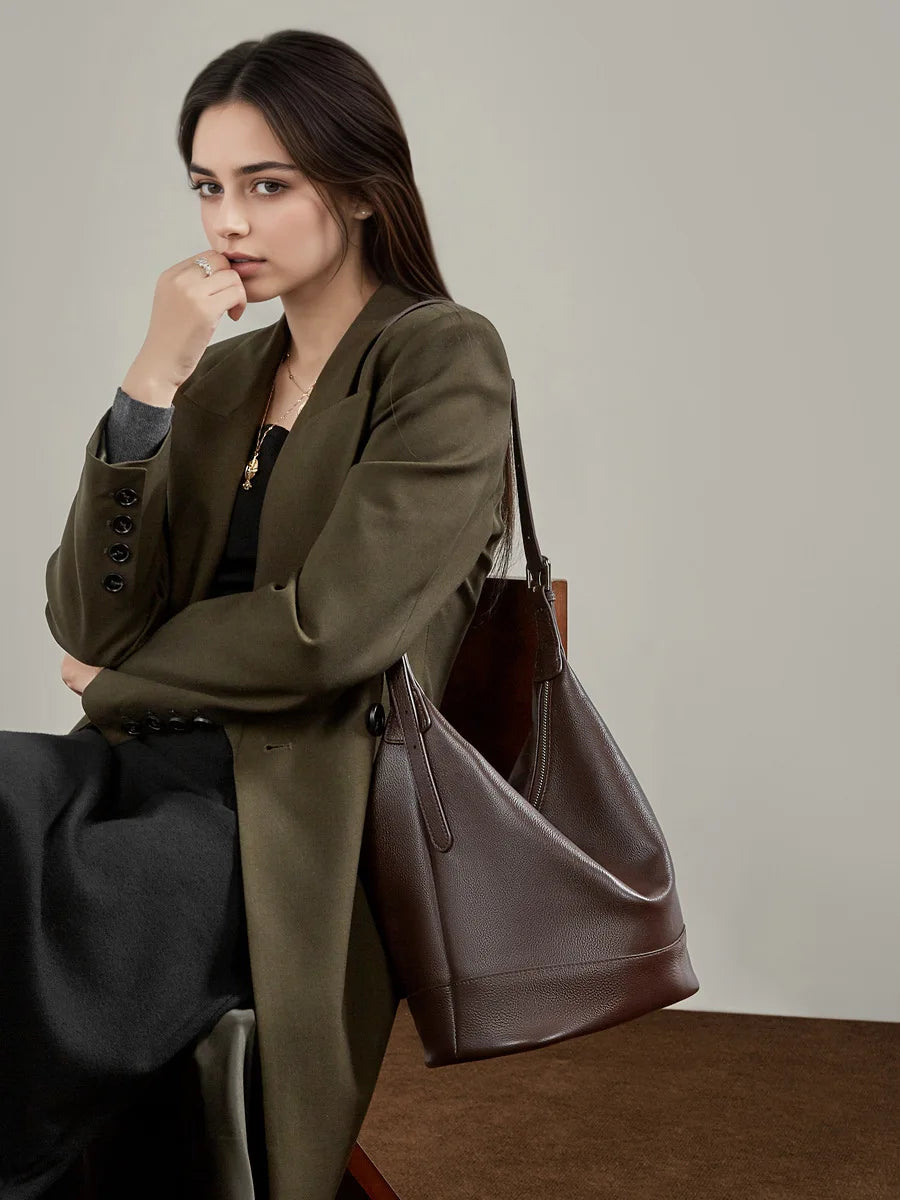 Top Layer Genuine Leather Large Capacity Bucket Bag, Niche Soft Crossbody Shoulder Bag for Women Daily Use