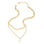 Joolim Jewelry PVD Plated Waterproof Elegant Pearl Pendant Double-Layer Paperclip Chain Necklace Stainless Steel Jewelry