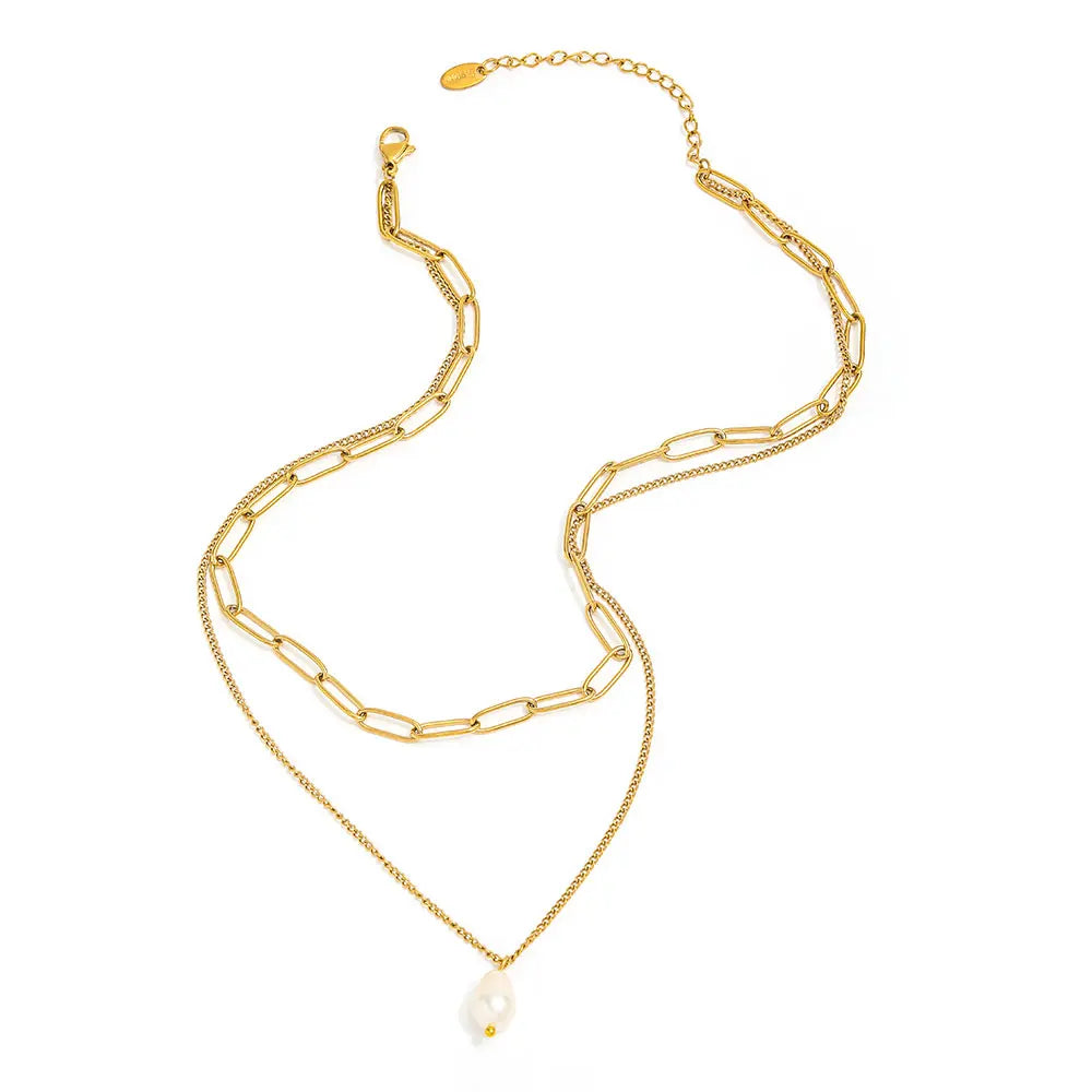 Joolim Jewelry PVD Plated Waterproof Elegant Pearl Pendant Double-Layer Paperclip Chain Necklace Stainless Steel Jewelry