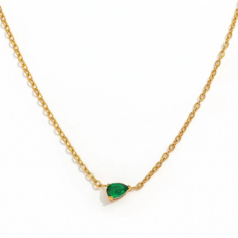 Joolim Jewelry PVD Plated Waterproof Fashion Pear Cut Green Zirconia Pendant Fine Cable Chain Necklace Stainless Steel Jewelry