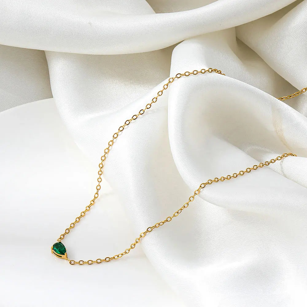 Joolim Jewelry PVD Plated Waterproof Fashion Pear Cut Green Zirconia Pendant Fine Cable Chain Necklace Stainless Steel Jewelry