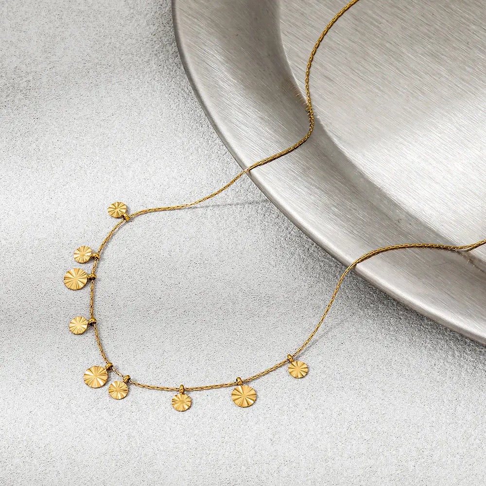 Joolim Jewelry 18K Gold Plated Waterproof Starlight Sparkling Fine Patterned round Wafer Pendant Necklace Stainless Steel
