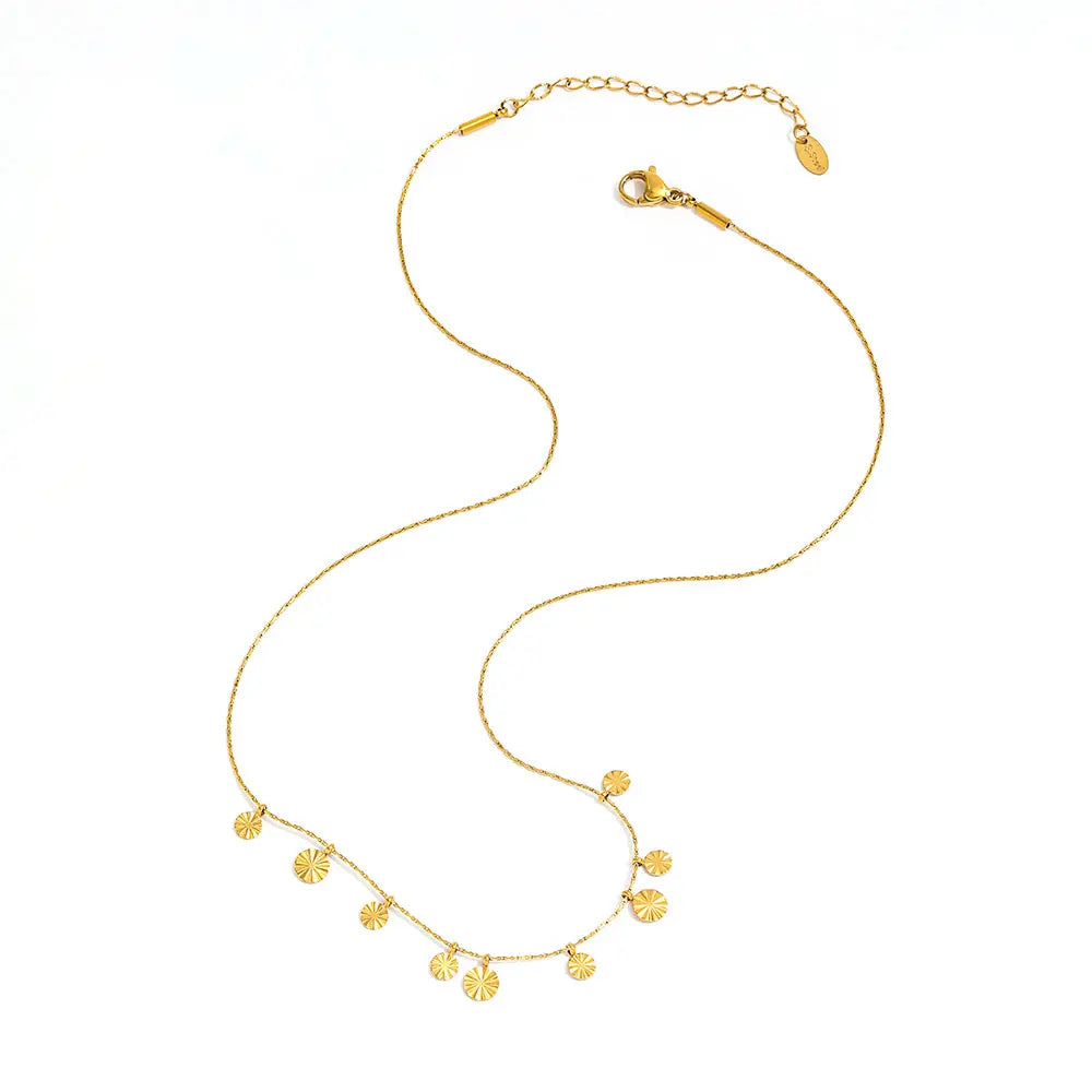 Joolim Jewelry 18K Gold Plated Waterproof Starlight Sparkling Fine Patterned round Wafer Pendant Necklace Stainless Steel