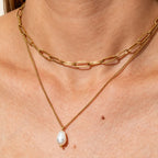 Joolim Jewelry PVD Plated Waterproof Elegant Pearl Pendant Double-Layer Paperclip Chain Necklace Stainless Steel Jewelry