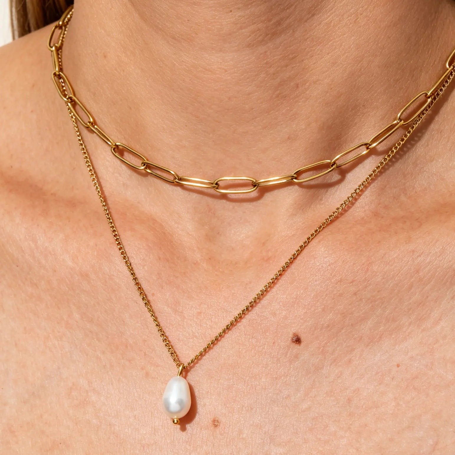 Joolim Jewelry PVD Plated Waterproof Elegant Pearl Pendant Double-Layer Paperclip Chain Necklace Stainless Steel Jewelry