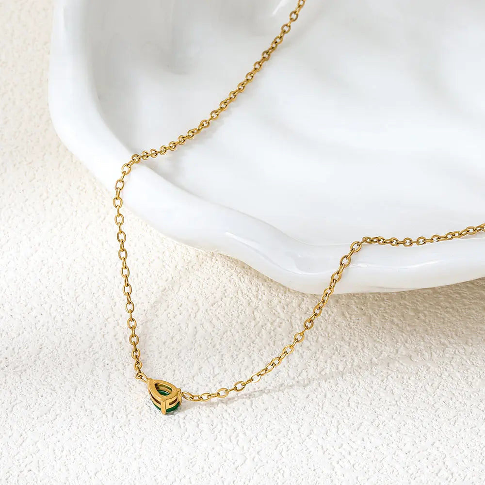Joolim Jewelry PVD Plated Waterproof Fashion Pear Cut Green Zirconia Pendant Fine Cable Chain Necklace Stainless Steel Jewelry