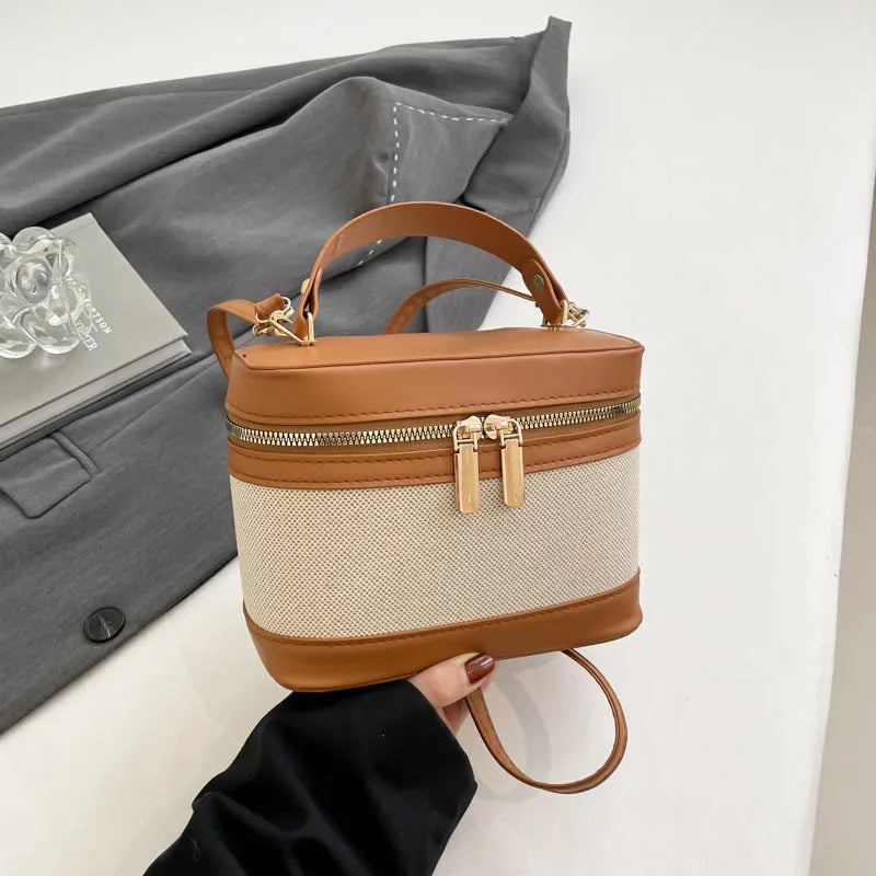 New Style High-Value PU Cylinder Bucket Bag Patchwork Contrast Color Crossbody Shoulder Bag Women'S Instagram Single Polyester