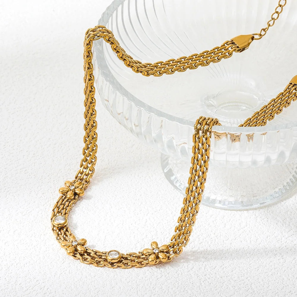 Joolim Jewelry 18K Gold Plated Waterproof Fashion Mesh Strap Five-Leaf Clear Zirconia Pendant Necklace Stainless Steel