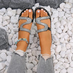 2023 Summer Women'S Flat Sandals - Fashion Rhinestone Decor, Open Toe Comfort Slides plus Size EU 42-43, Beach Daily Wear
