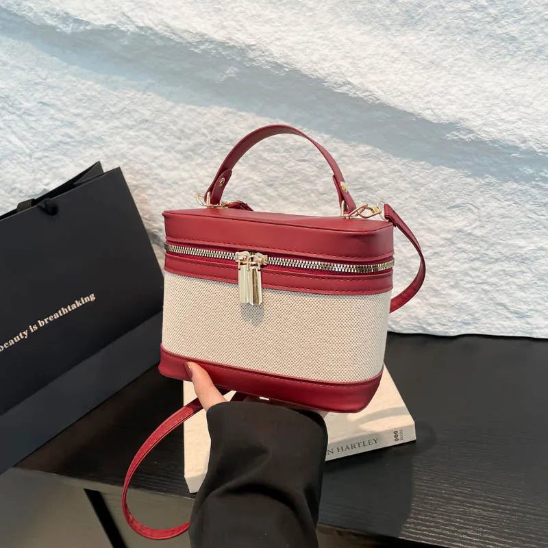 New Style High-Value PU Cylinder Bucket Bag Patchwork Contrast Color Crossbody Shoulder Bag Women'S Instagram Single Polyester