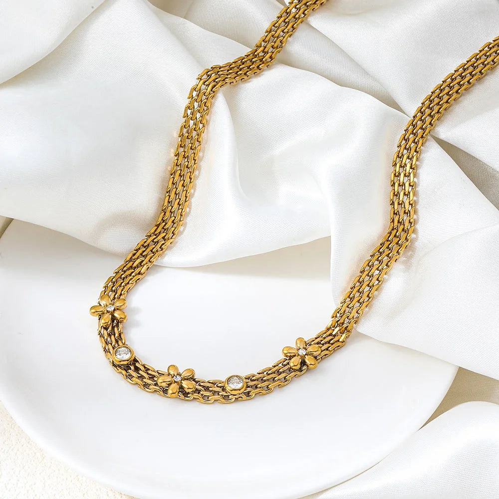 Joolim Jewelry 18K Gold Plated Waterproof Fashion Mesh Strap Five-Leaf Clear Zirconia Pendant Necklace Stainless Steel