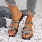 2023 Summer Women'S Flat Sandals - Fashion Rhinestone Decor, Open Toe Comfort Slides plus Size EU 42-43, Beach Daily Wear